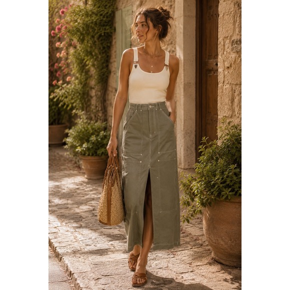 Pilcro Dresses & Skirts - Pilcro Anthropologie Utility Carpenter Maxi Skirt Contrast Stitch WOMEN 2 MOSS